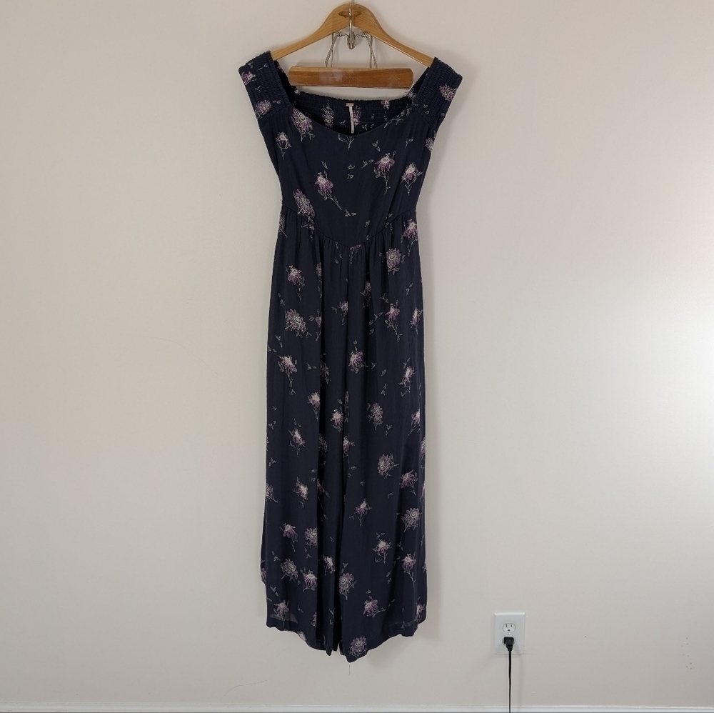 Free People Jumpsuit Womens S Blue Floral Aster Wide Leg Boho Smocked Back